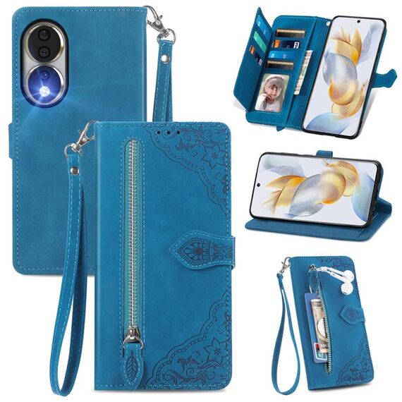 Custodia per telefono in pelle con cerniera fiore goffrato per Honor 90 (blu)