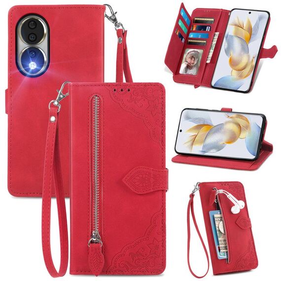 Custodia per telefono in pelle con cerniera fiore goffrato per Honor 90 (rossa)