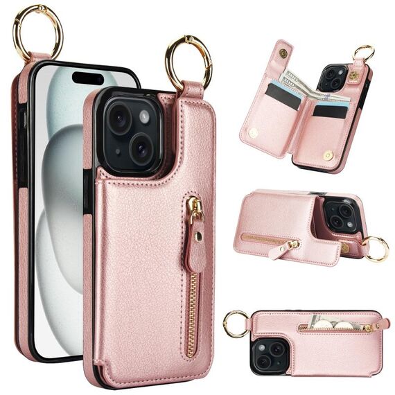 Per iPhone 15 Custodia per cellulare con cerniera con doppia fibbia e texture litchi (oro rosa)