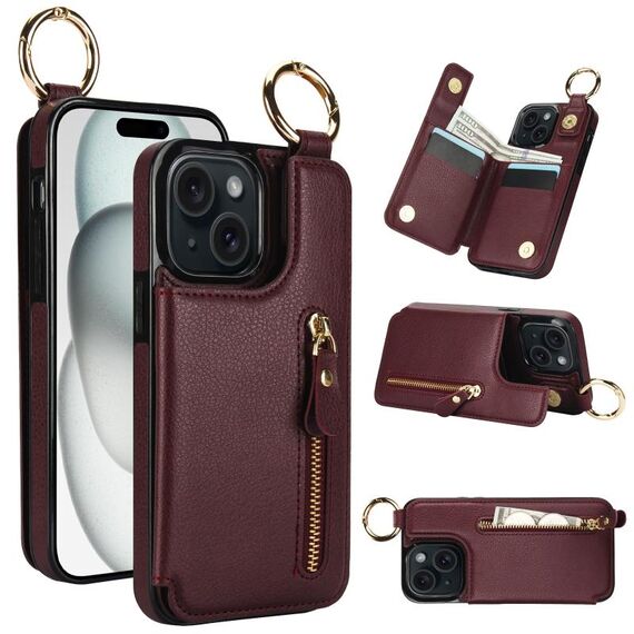 Per iPhone 15 Custodia per telefono con cerniera con doppia fibbia e texture litchi (rosso bordeaux)
