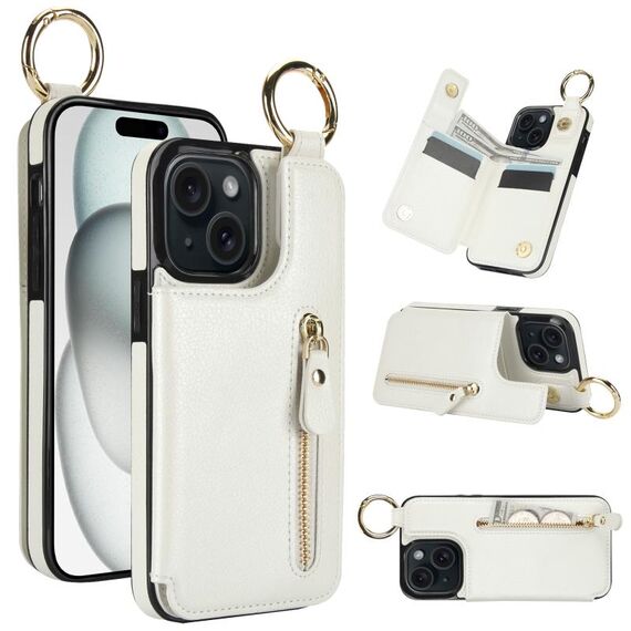 Per iPhone 15 Custodia per telefono con cerniera con doppia fibbia e texture Litchi (bianca)
