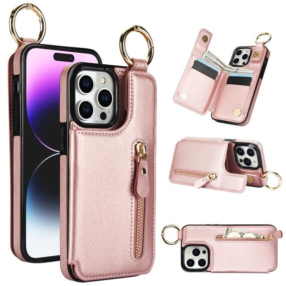 Custodia per telefono con cerniera doppia fibbia per iPhone 14 Pro Litchi Texture (oro rosa)