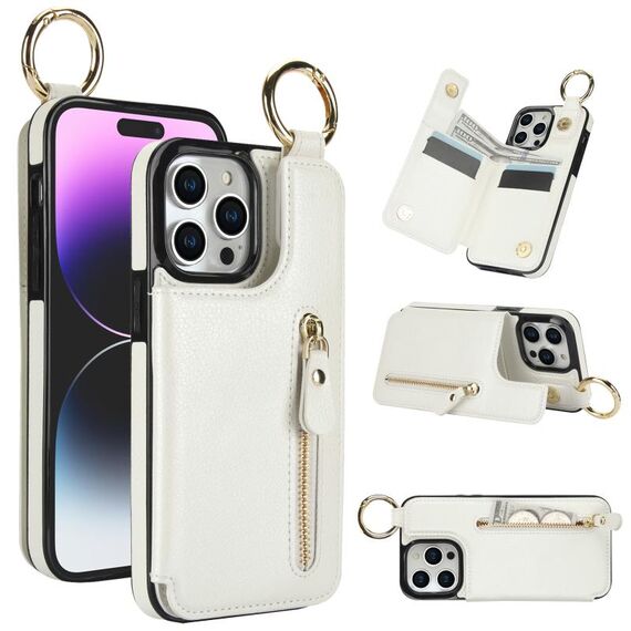 Per iPhone 14 Pro Custodia per telefono con cerniera con doppia fibbia e texture Litchi (bianca)