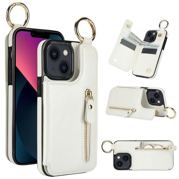 Per iPhone 13 Custodia per cellulare con cerniera con doppia fibbia e texture litchi (bianca)
