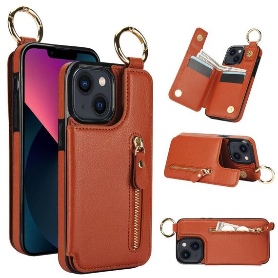 Custodia per telefono per iPhone 13 mini Litchi Texture Zipper doppia fibbia (marrone)