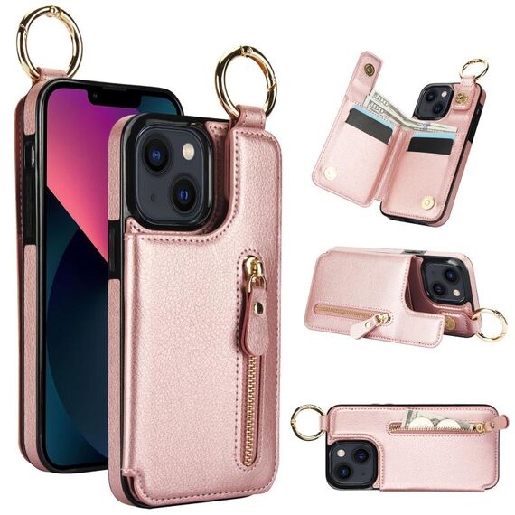 Per iPhone 13 mini Custodia per telefono con cerniera con doppia fibbia e texture Litchi (oro rosa)