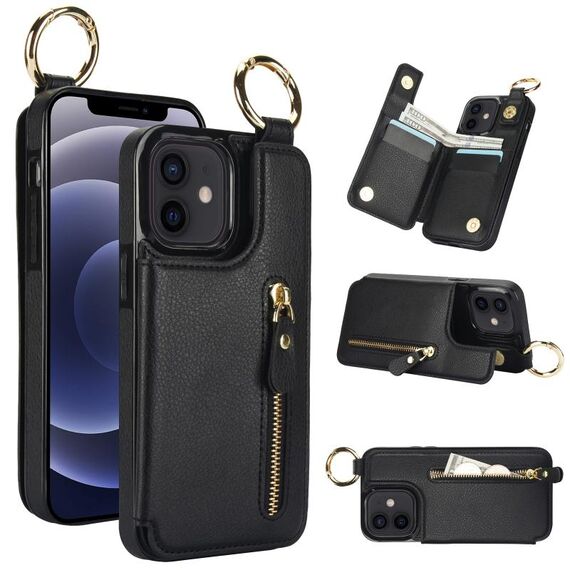 Per iPhone 12 Custodia per cellulare con cerniera con doppia fibbia e texture Litchi (nera)