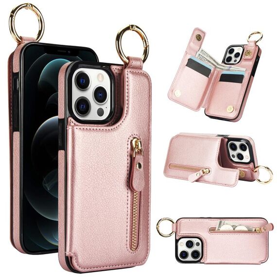 Custodia per telefono con cerniera doppia fibbia per iPhone 12 Pro Max Litchi Texture (oro rosa)