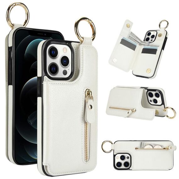 Per iPhone 12 Pro Custodia per telefono con cerniera con doppia fibbia e texture Litchi (bianca)