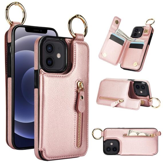 Per iPhone 12 mini Custodia per telefono con cerniera con doppia fibbia e texture Litchi (oro rosa)