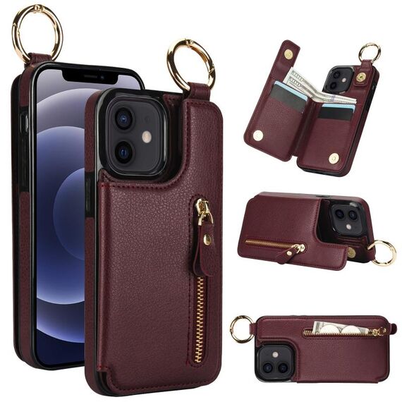 Custodia per telefono per iPhone 12 mini Litchi Texture Zipper doppia fibbia (rosso bordeaux)