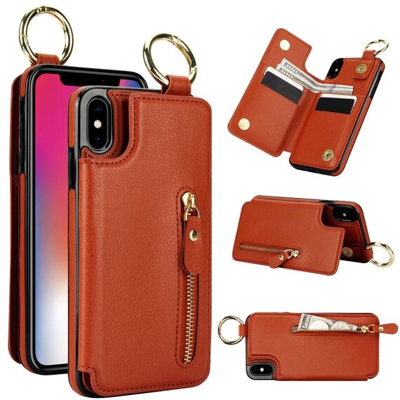 Per iPhone XS / X Custodia per telefono con cerniera e doppia fibbia con texture Litchi (marrone)
