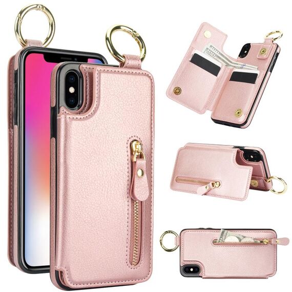 Per iPhone XS / X Custodia per cellulare con cerniera con doppia fibbia e texture litchi (oro rosa)
