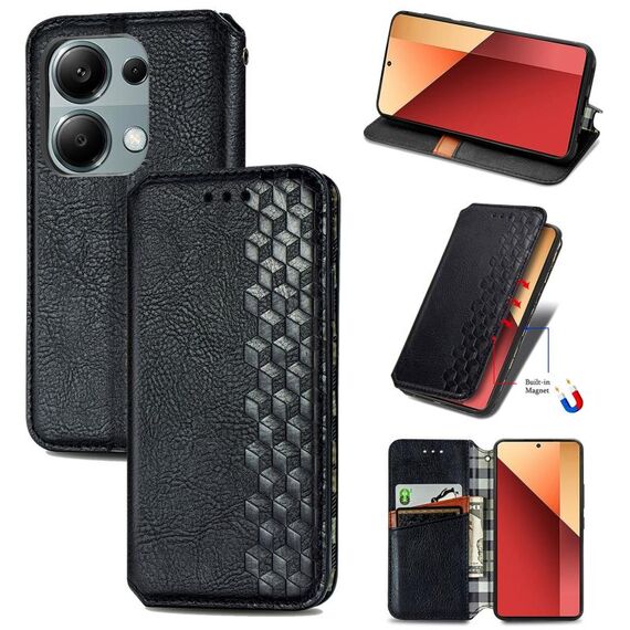 Custodia per telefono in pelle magnetica pressata con griglia cubica per Honor X9b (nera)