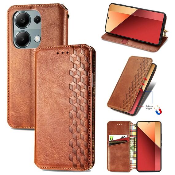 Custodia per telefono in pelle magnetica pressata a griglia cubica per Honor X9b (marrone)