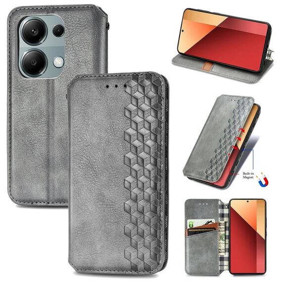 Custodia per telefono in pelle magnetica pressata a griglia cubica per Honor X9b (grigio)