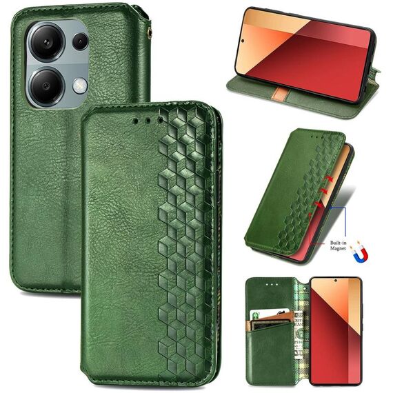 Custodia per telefono in pelle magnetica pressata a griglia cubica per Honor X9b (verde)