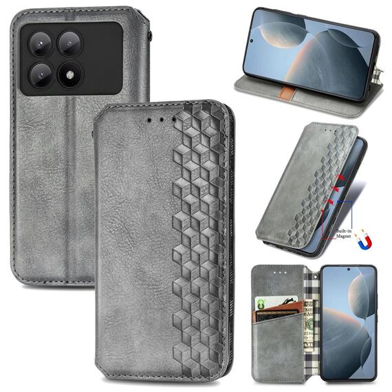 Custodia per telefono in pelle magnetica pressata con griglia cubica per Xiaomi Redmi K70E (grigio)
