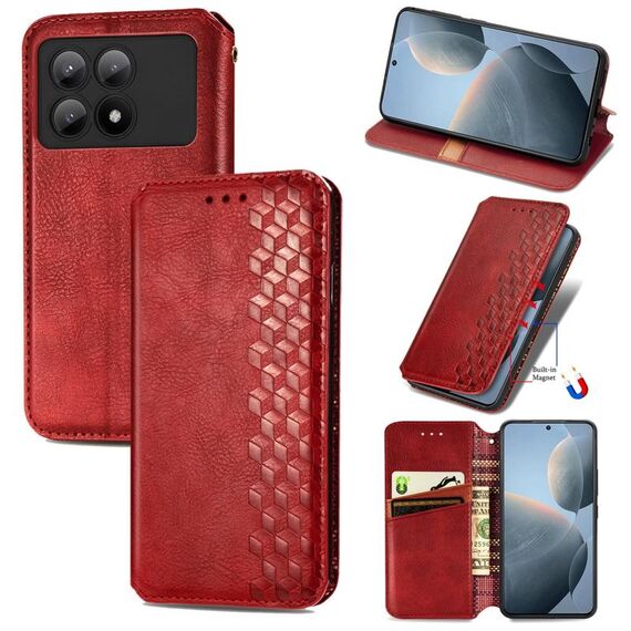 Custodia per telefono in pelle magnetica pressata con griglia cubica per Xiaomi Redmi K70E (rossa)