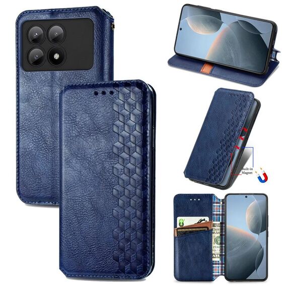 Custodia per telefono in pelle magnetica pressata con griglia cubica per Xiaomi Redmi K70E (blu)