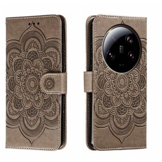 Per Xiaomi 13 Custodia in pelle per telefono con motivo mandala in rilievo Ultra Sun (grigio)