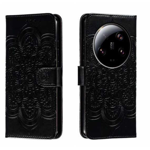 Per Xiaomi 13 Custodia in pelle per telefono con motivo in rilievo Mandala Ultra Sun (nera)
