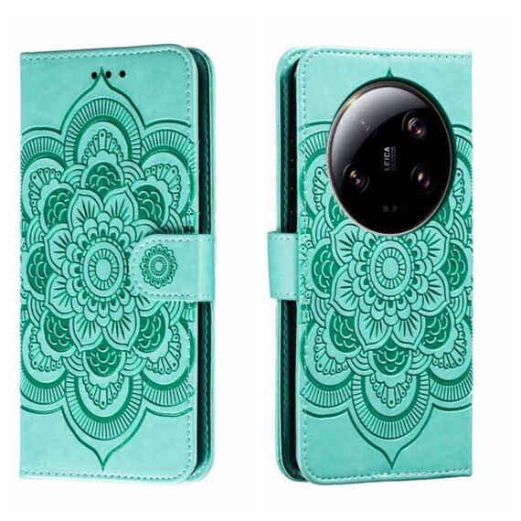 Custodia in pelle per telefono con motivo in rilievo Mandala Ultra Sun per Xiaomi 13 (verde)