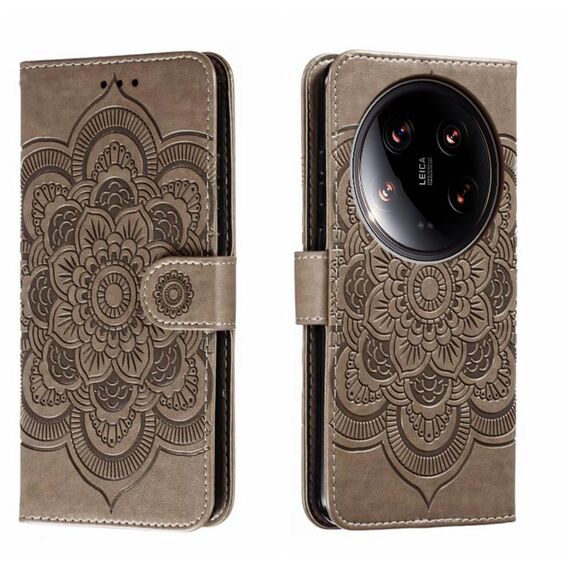 Per Xiaomi 14 Custodia in pelle per telefono con motivo mandala in rilievo Ultra Sun (grigio)