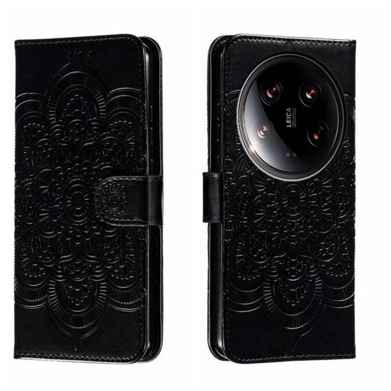 Per Xiaomi 14 Custodia in pelle per telefono con motivo in rilievo Mandala Ultra Sun (nera)