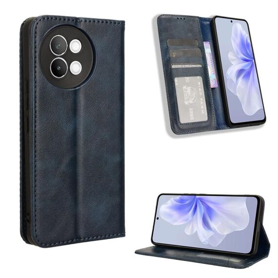 Custodia per telefono in pelle con texture retrò con fibbia magnetica per vivo S18e 5G (blu)
