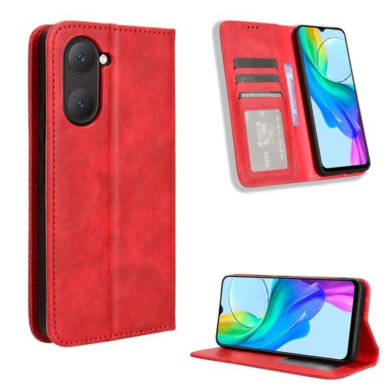 Custodia per telefono in pelle con texture retrò con fibbia magnetica per vivo Y03 4G (rossa)
