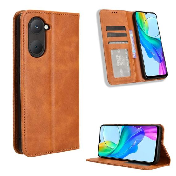 Custodia per telefono in pelle con texture retrò con fibbia magnetica per vivo Y03 4G (marrone)
