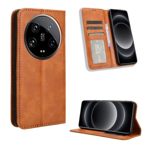 Custodia per telefono in pelle con texture retrò con fibbia ultra magnetica per Xiaomi 14 (marrone)