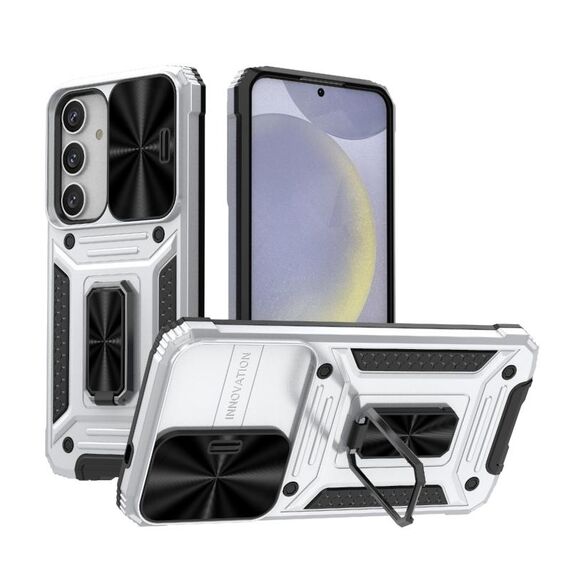 Per Samsung Galaxy S24+ 5G Camshield Robot Custodia per PC ibrida in TPU (Argento)
