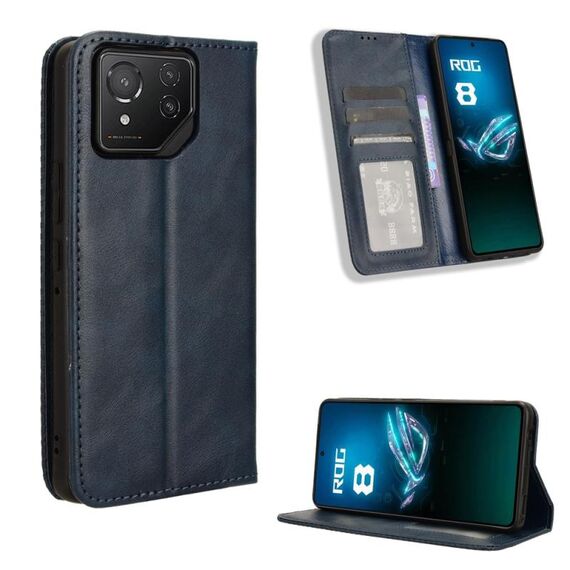 Custodia per telefono in pelle con texture retrò con fibbia magnetica per ASUS ROG Phone 8/8 Pro (blu)