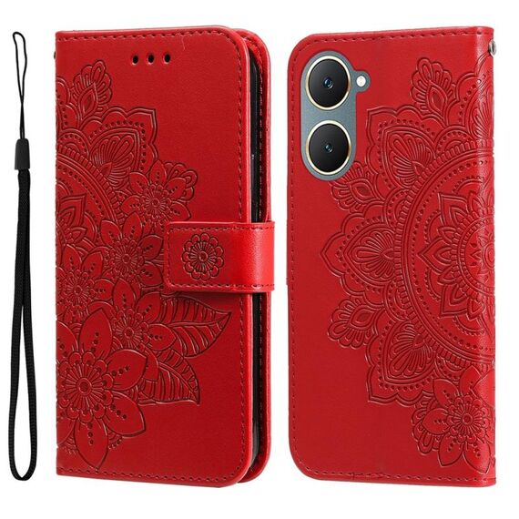 Custodia per telefono in pelle con stampa a 7 petali di fiori per vivo Y03 4G (rossa)
