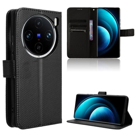 Custodia per telefono in pelle con texture diamante vivo X100 5G (nera)