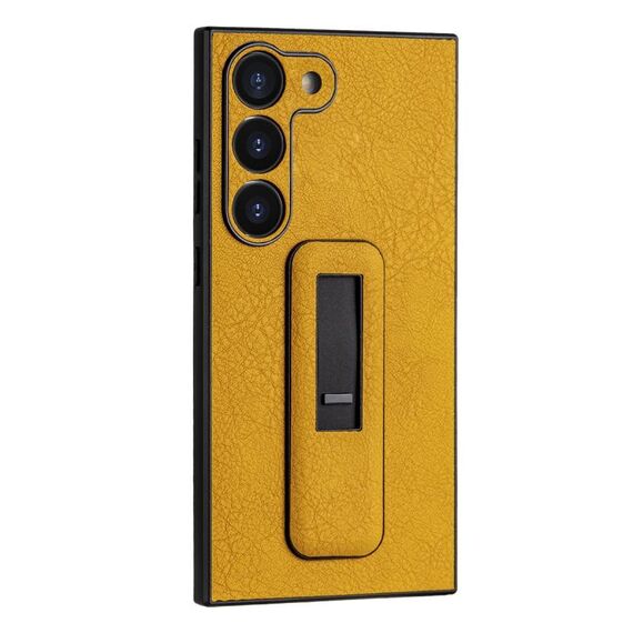 Custodia per telefono antiurto con staffa push-pull in pelle PU per Samsung Galaxy S22+ 5G (giallo)