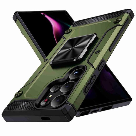Custodia per telefono con supporto in metallo antiurto per Samsung Galaxy S24 Ultra 5G (verde oliva)