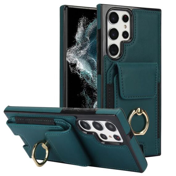 Per Samsung Galaxy S22 Ultra 5G Custodia elastica per porta carte di credito con anello (verde scuro)