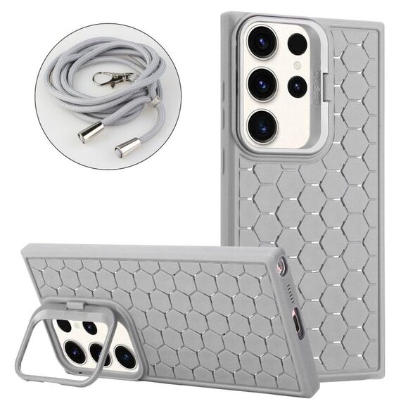 Per Samsung Galaxy S24 Ultra 5G Custodia per telefono in TPU con supporto radiante a nido d'ape con cordino (grigio)