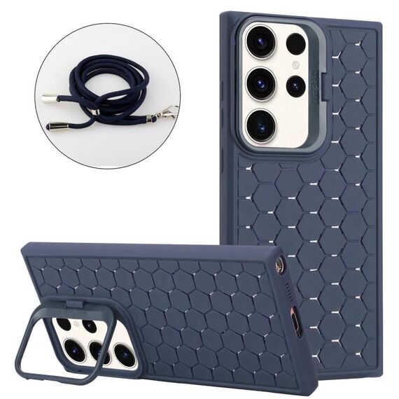 Per Samsung Galaxy S24 Ultra 5G Custodia per telefono in TPU con supporto radiante a nido d'ape con cordino (blu)