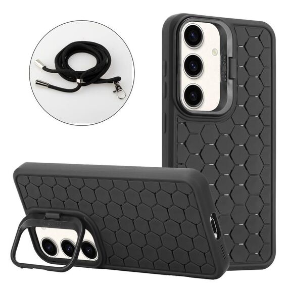 Per Samsung Galaxy S23 FE 5G Custodia per telefono in TPU con supporto radiante a nido d'ape con cordino (nero)