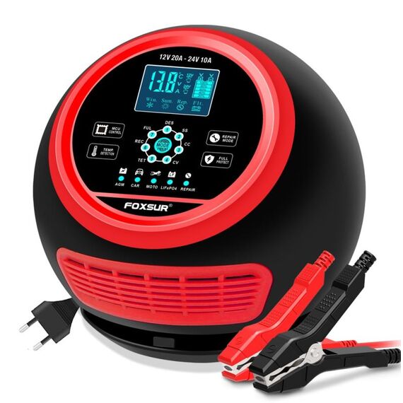 Caricabatteria intelligente per auto/moto FOXSUR 20A 12V 24V, tipo di spina: spina americana (rosso)