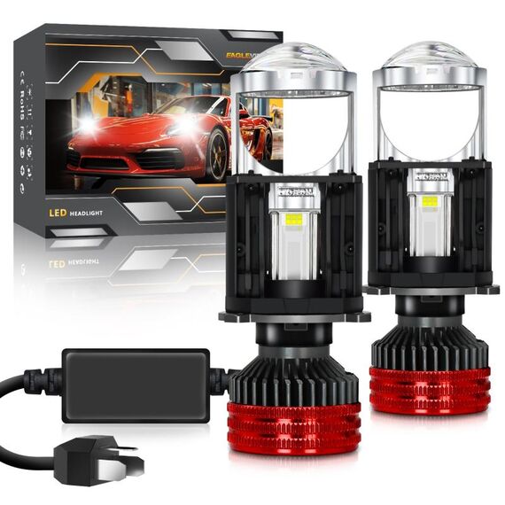N5 1 paio fari con lente LED per auto H4 a doppio tubo di rame (colore pistola + rosso)
