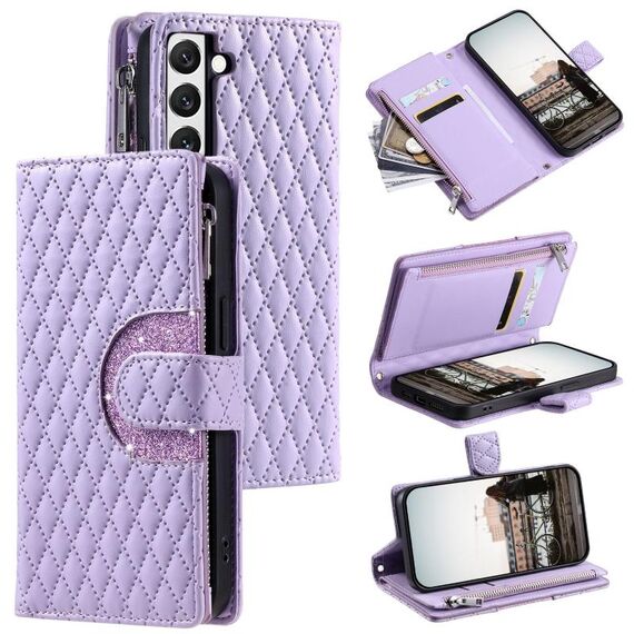 Custodia per telefono in pelle con cerniera a reticolo glitterato per Samsung Galaxy S22 5G (viola)