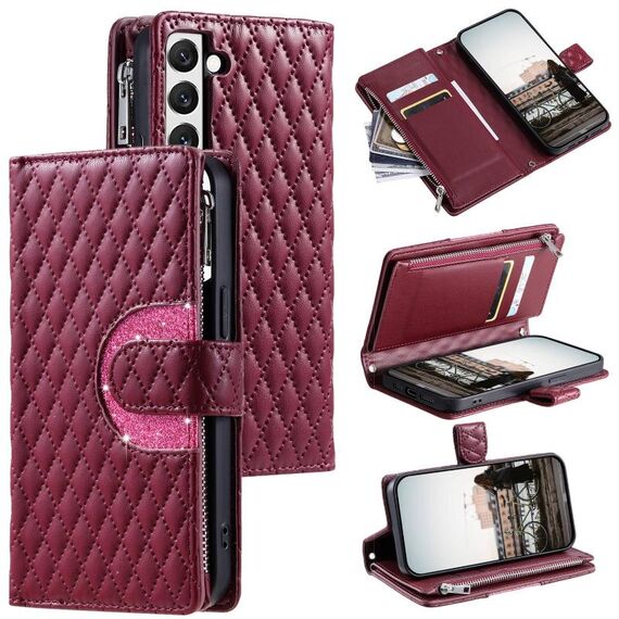 Per Samsung Galaxy S22+ 5G Custodia per telefono in pelle con cerniera a reticolo glitterato (vino rosso)