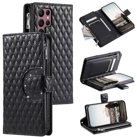 Per Samsung Galaxy S22 Ultra 5G Glitter Lattice Custodia a portafoglio in pelle con cerniera (Nero)