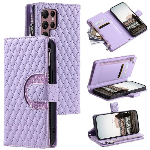 Per Samsung Galaxy S24 Ultra 5G Glitter Lattice Custodia a portafoglio in pelle con cerniera (Viola)