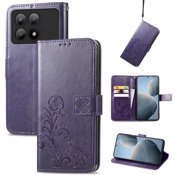Custodia per telefono in pelle goffrata con chiusura a quattro foglie perXiaomi Redmi K70E (viola)